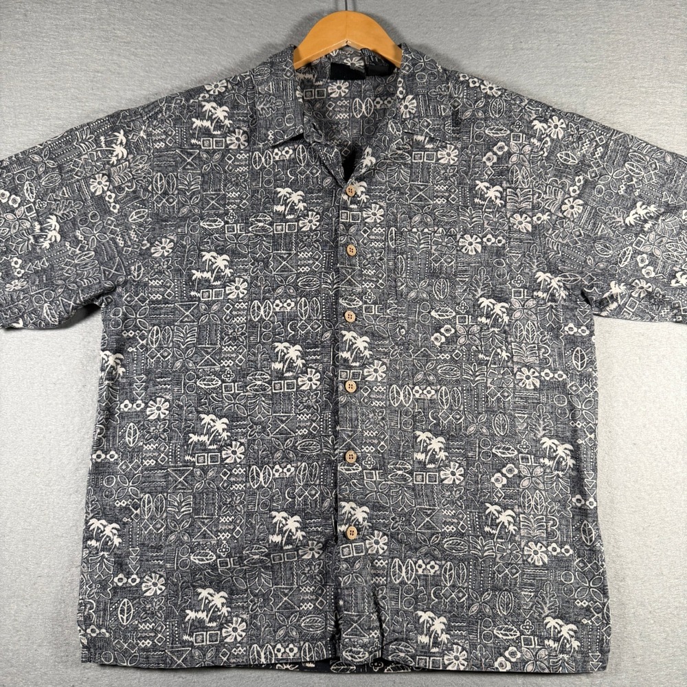 Ocean Pacific OP Sport Mens Medium Black White Tropical Tribal Hawaiian Shirt